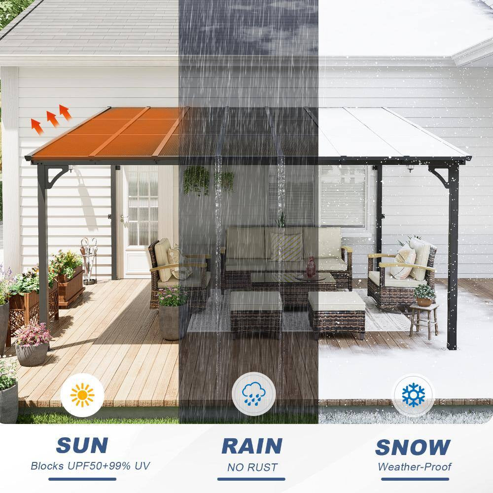 12' X 14' Wall Mounted Gazebo Heavy Duty Metal Pergola with Sloped Roof Lean to Awning for Patio Deck Backyard, Black