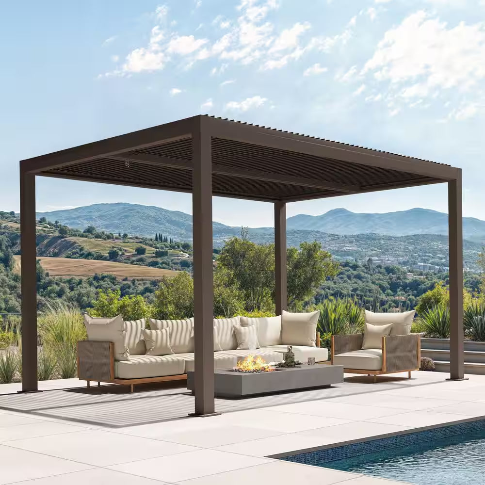 10 Ft. X 12 Ft. Bronze Aluminum Frame Patio Hardtop Louvered Pergola with Adjustable Sunshade Roofs and In-Built Gutter