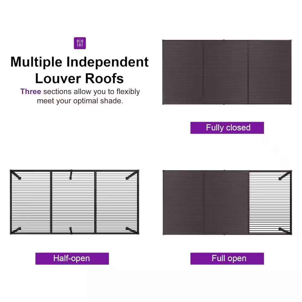 11.7 Ft. X 18.2 Ft. Bronze Aluminum Outdoor Louvered Pergola with 3-Individual Adjustable Roofs and In-Built Gutter