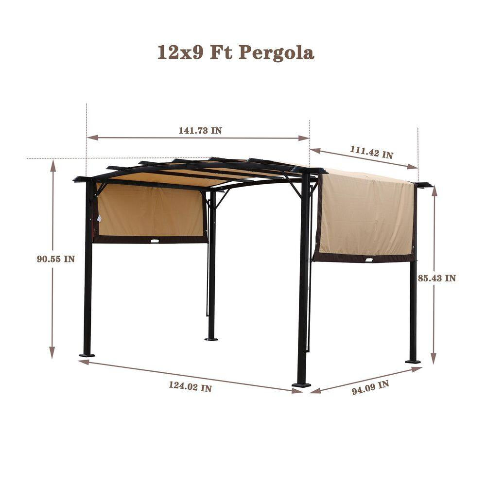 12 Ft. X 9 Ft. Outdoor Pergola Patio Gazebo, Retractable Shade Canopy, Steel Frame Grape Gazebo, Sunshelter Pergola