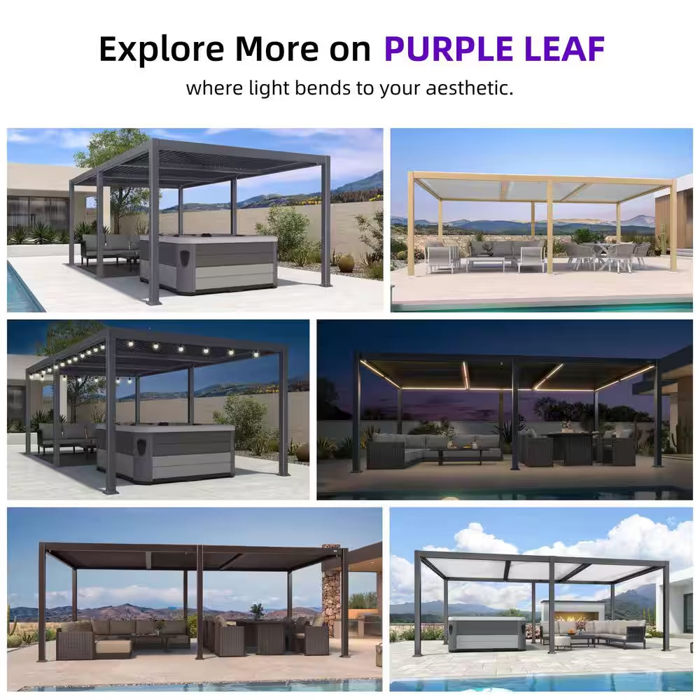 11.4 Ft. X 20.4 Ft. Gray Aluminum Patio Louvered Pergola Hardtop Gazebo with Adjustable Sunshade Roof and String Lights