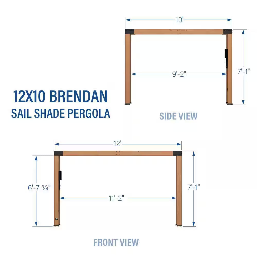 Brendan 10 Ft. X 12 Ft. Light Brown Cedar Wood Patio Pergola with Sun Shade Sail Screen Canopy and Powerport