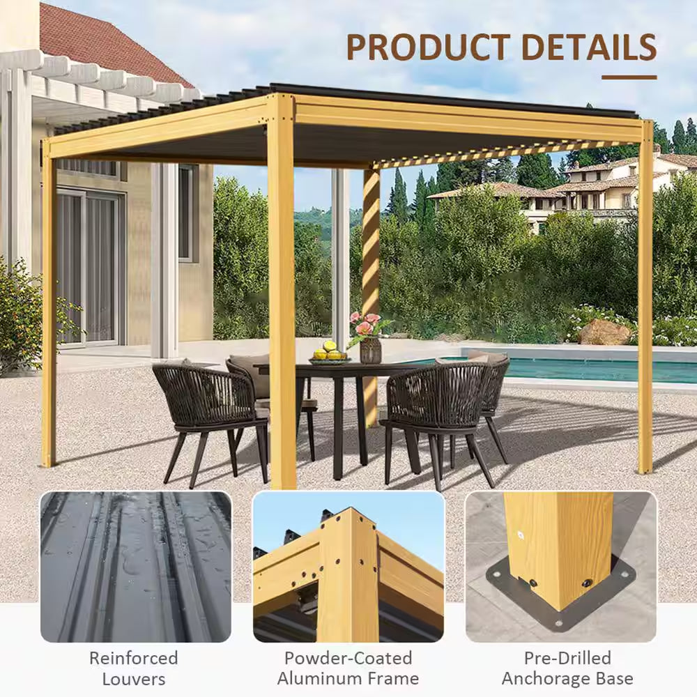 10 Ft. X 10 Ft. Wood-Looking Aluminum Metal Louvered Pergola