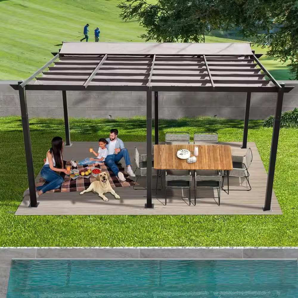 16 Ft. X 11 Ft. Dark Gray Portable Gazebo, Retractable Pergola W/ Weather Resistant Canopy, Aluminum Patio Grill Gazebo
