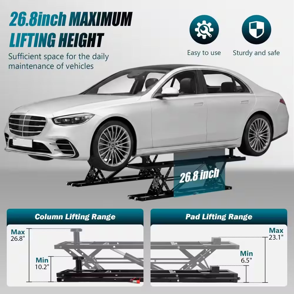 7000LBS Portable Car Lift, Air-Hydraulic Vehicle Lift with 26.8" Max Height, 11.5" Extension Plates, for Sedan, SUV
