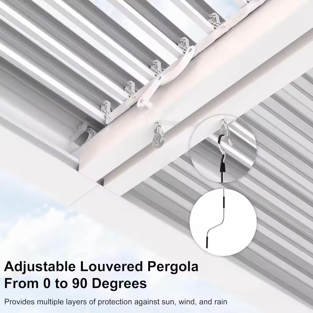 12 Ft. X 14 Ft. White Aluminum Frame Louvered Pergola with Adjustable Sunshade Roofs and 1-Long Side Roller Shades