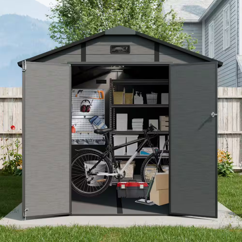 8 Ft. W X 14 Ft. D Plastic Resin Storage Shed with Floor and Windows in Dark Gray