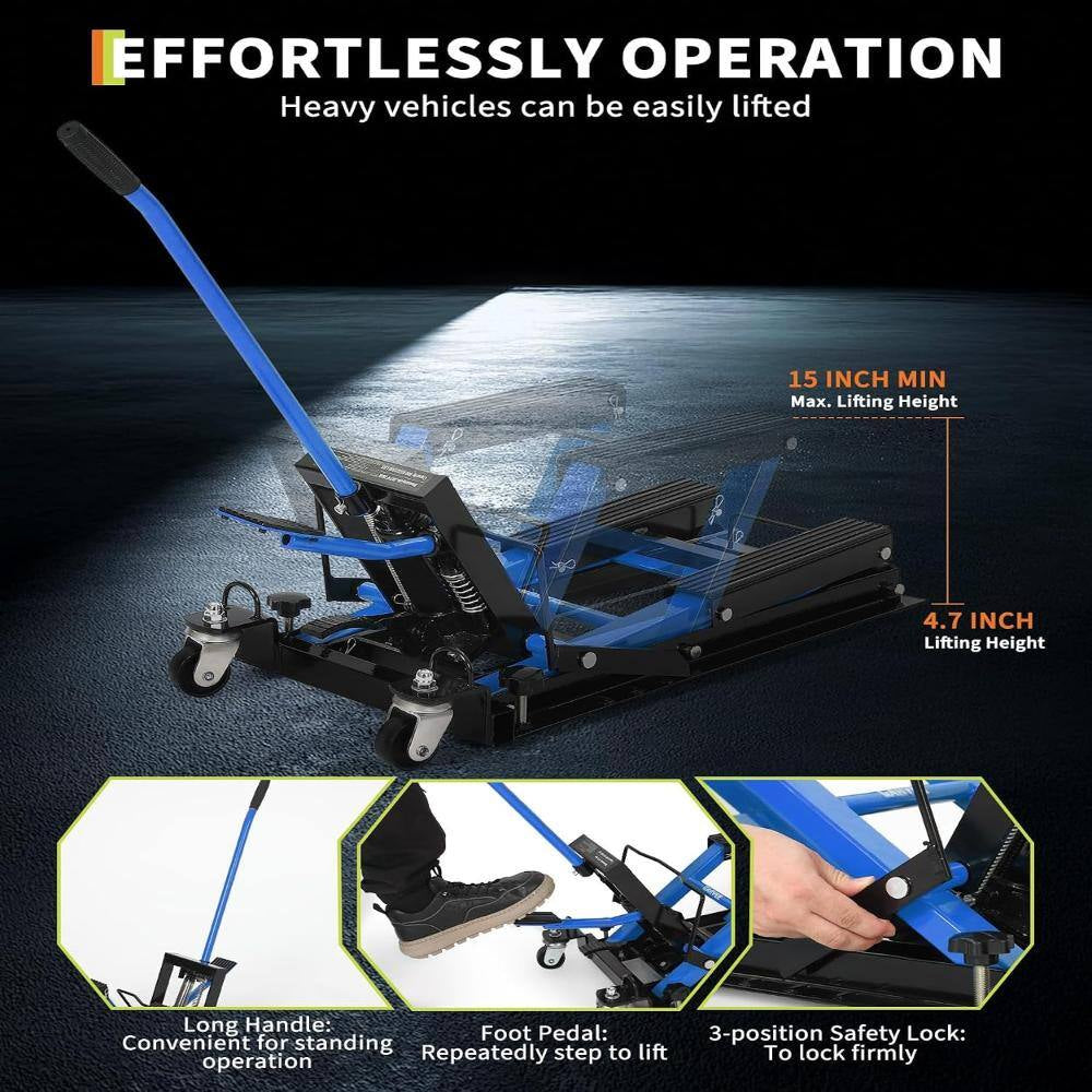 1500 Lbs Hydraulic Motorcycle Scissor Lift Jack, Heavy Duty Adjustable Lift Table with Foot Pedal & Wheels， Blue