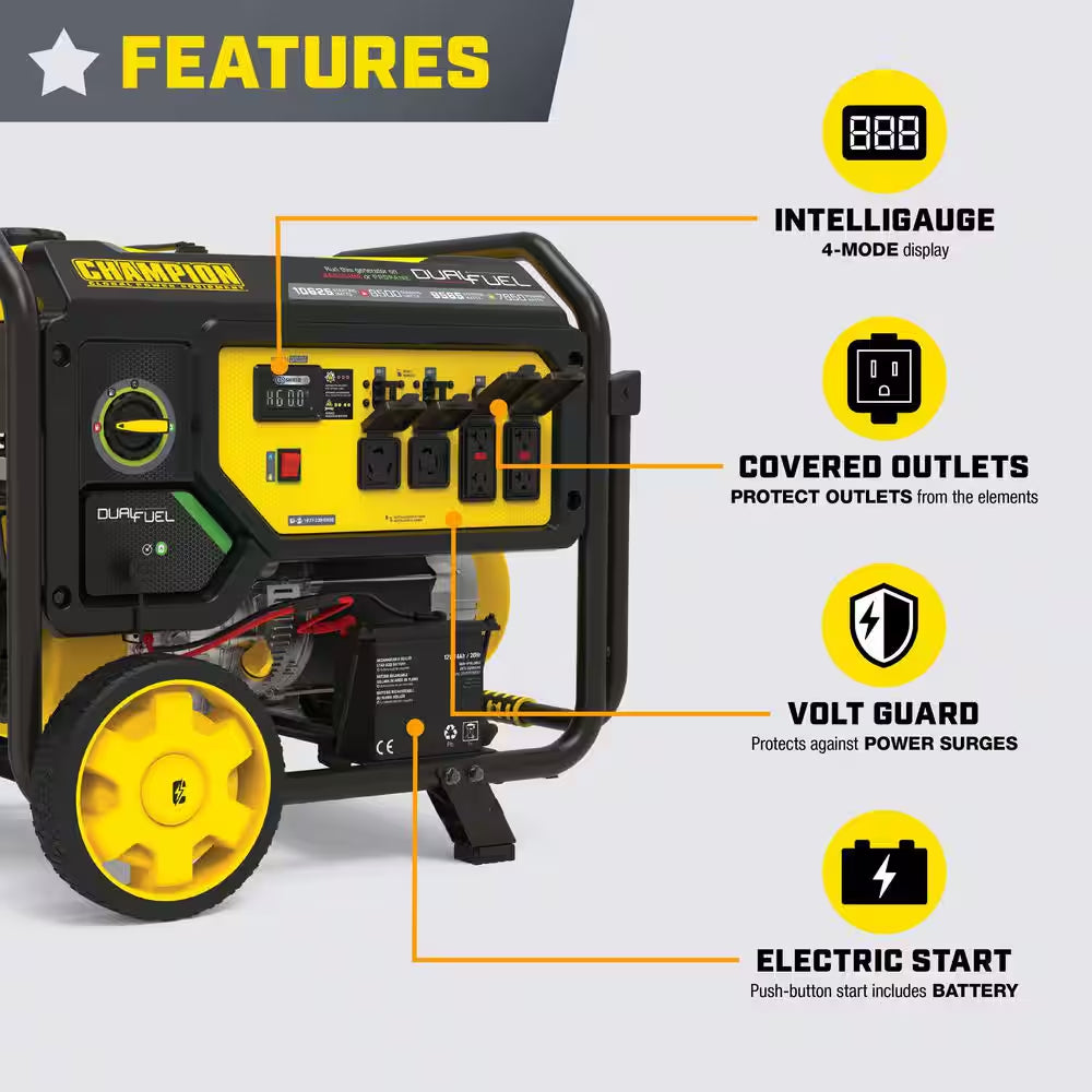 10,625/8500-Watt Electric Start Dual Fuel Portable Generator with Free 3-Year Warranty for Home Backup and Storm Prep