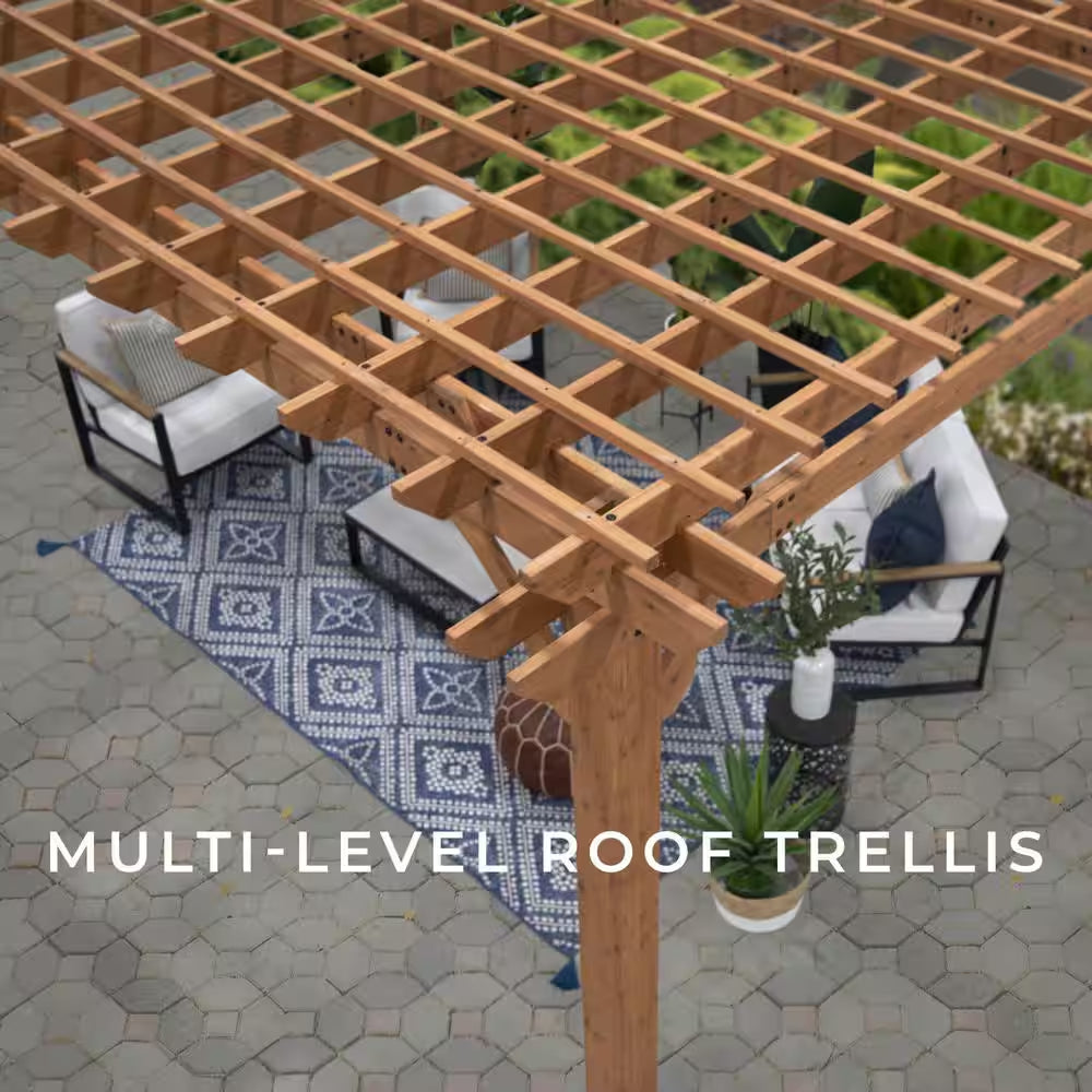 Beaumont 16 Ft. X 12 Ft. Light Brown Traditional Outdoor All Cedar Wood Patio Pergola Shade Structure with Electric
