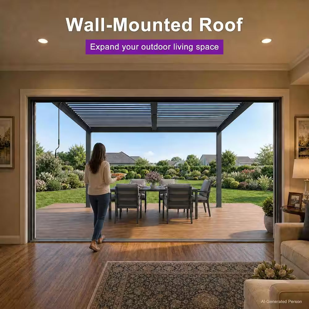 10 Ft. X 12 Ft. Grey Aluminum Outdoor Wall-Mounted Louvered Pergola with Individual Adjustable Sunshade Roofs