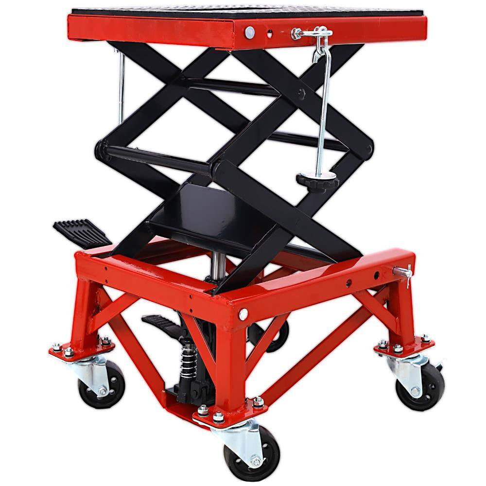 300 Lbs Hydraulic Motorcycle Scissor Jack Lift with Foot Step and Wheels, Red, Suitable for Small Dirt Bikes