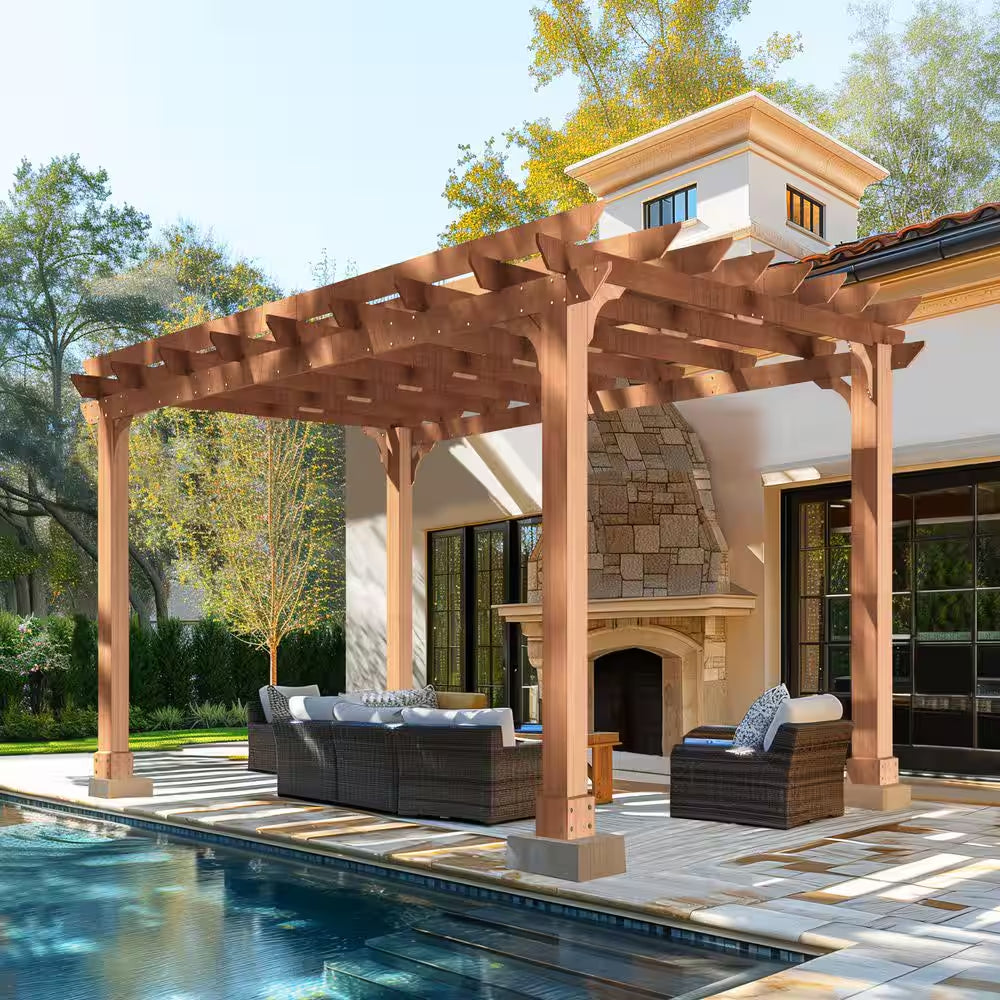 14 Ft. W X 12 Ft. D Cedar Outdoor Patio Pergola Shade Structure with Grape Trellis