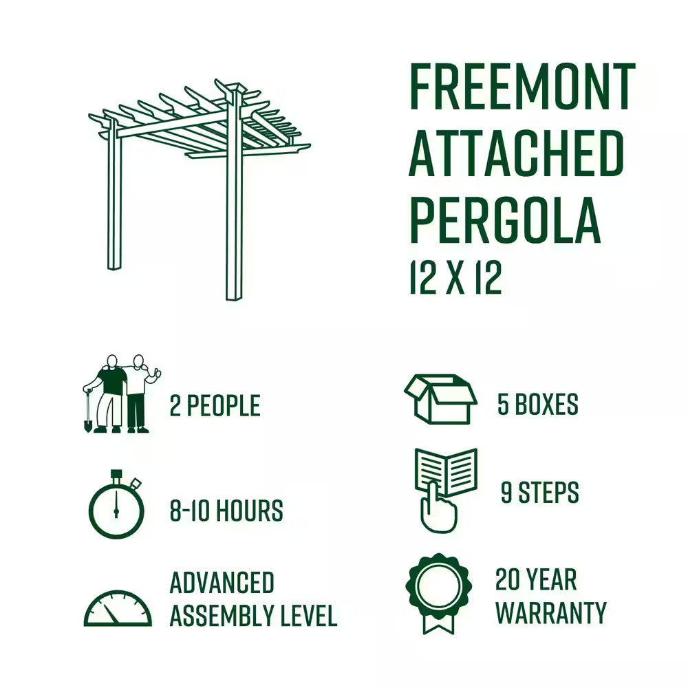 144"L X 152"W X 106"H Vinyl Freemont Attached Pergola, White, VA42044