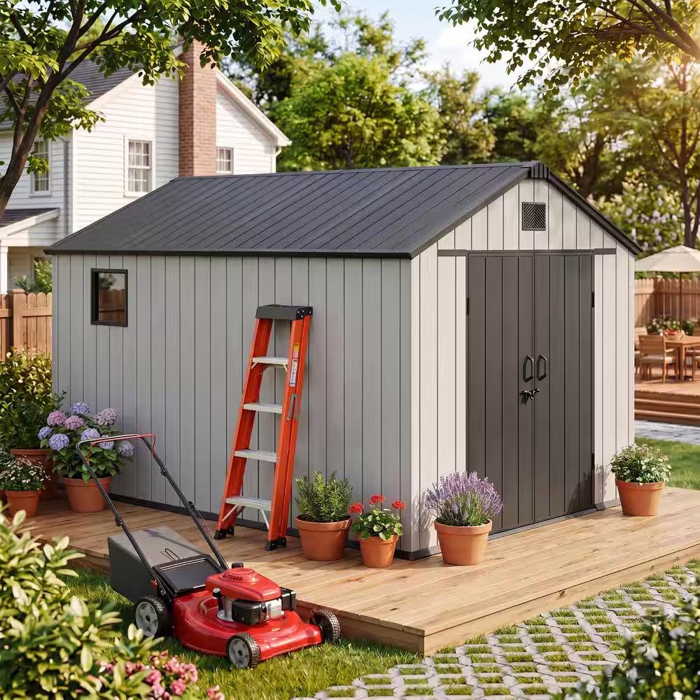 8 Ft. W X 12 Ft. D Resin Storage Shed with Double Doors, Window and Gable Vent 96 Sq. Ft.