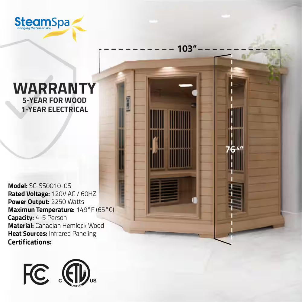 5-Person Indoor Hemlock Wood Electric Infrared Sauna with Touch Control Panel, Spot Light, and Speaker