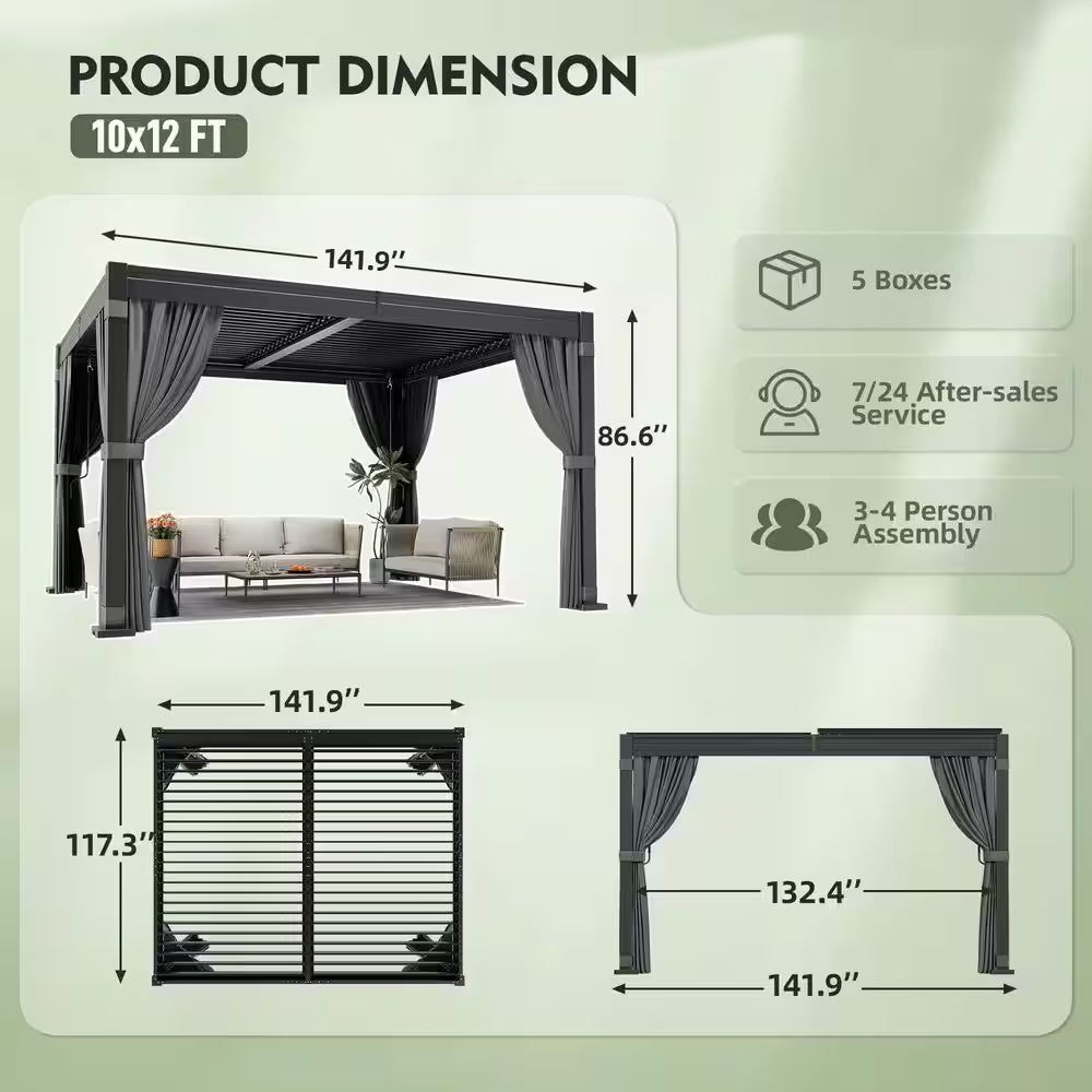 10 Ft. X 12 Ft. Steel Outdoor Louvered Pergola with Nettings,Curtains,Water-Tight Adjustable Roof