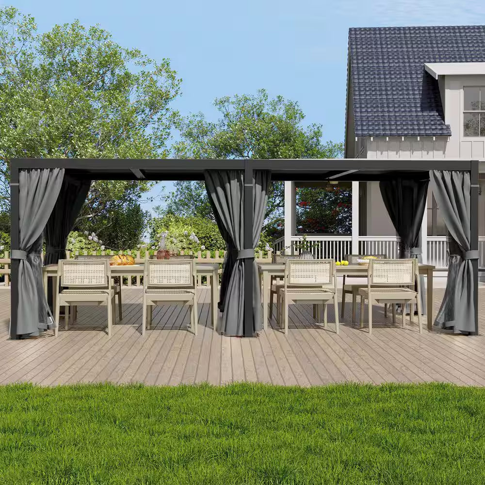 10 Ft. X 20 Ft. Black Aluminum Louvered Pergola with Adjustable Roof and Gray Curtains