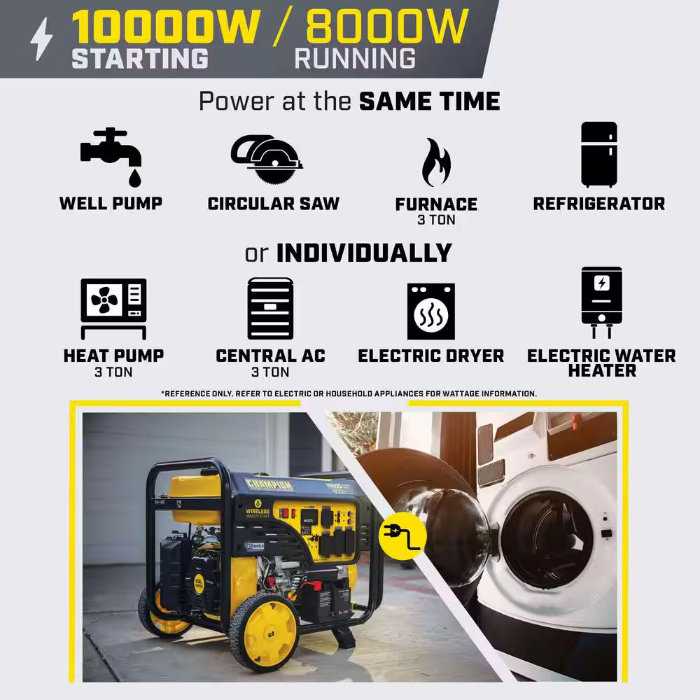 10,000/8000-Watt Wireless Remote Start Portable Generator with Free 3-Year Warranty for Home Backup and Storm Prep