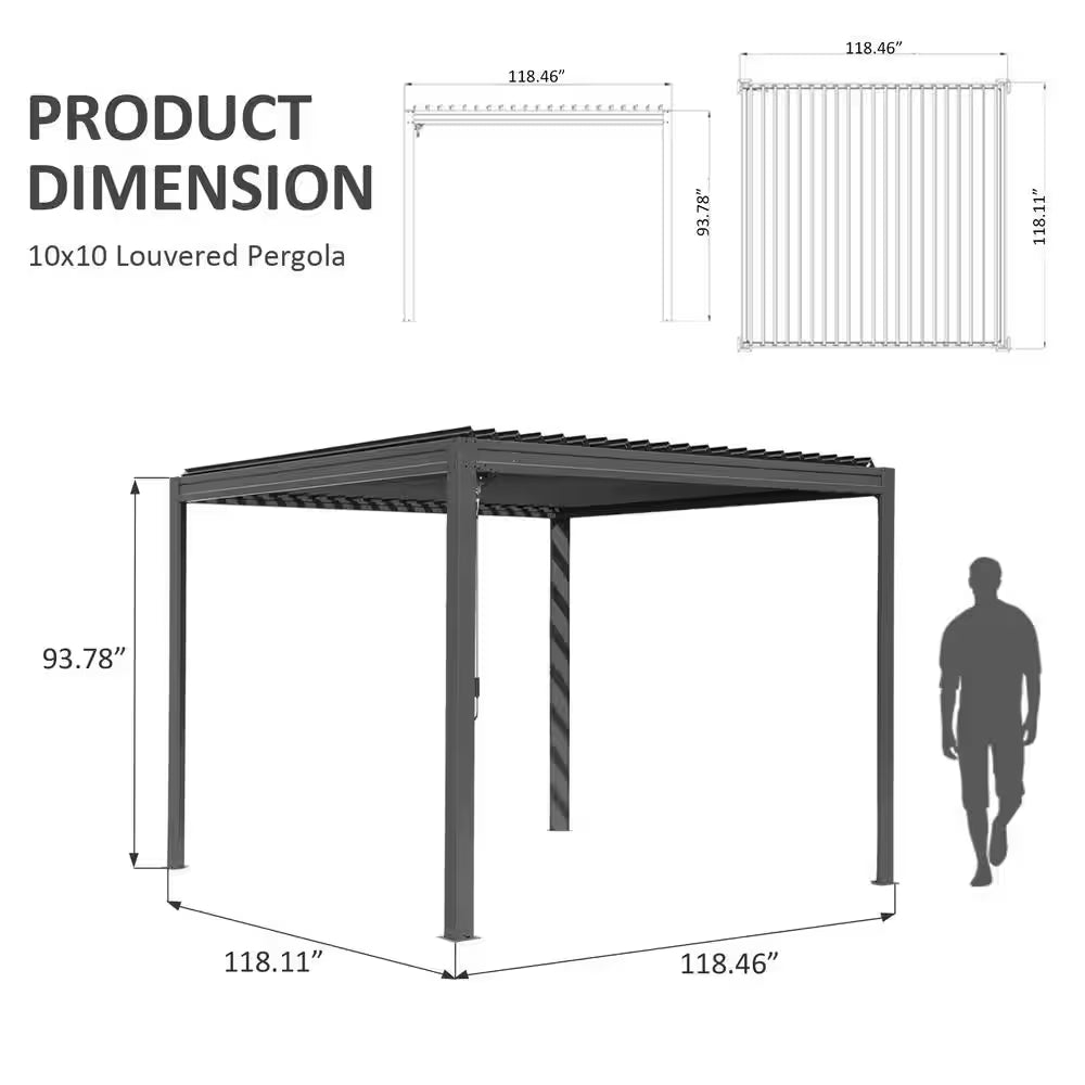 10 Ft. X 10 Ft. Gray Aluminum Metal Louvered Pergola