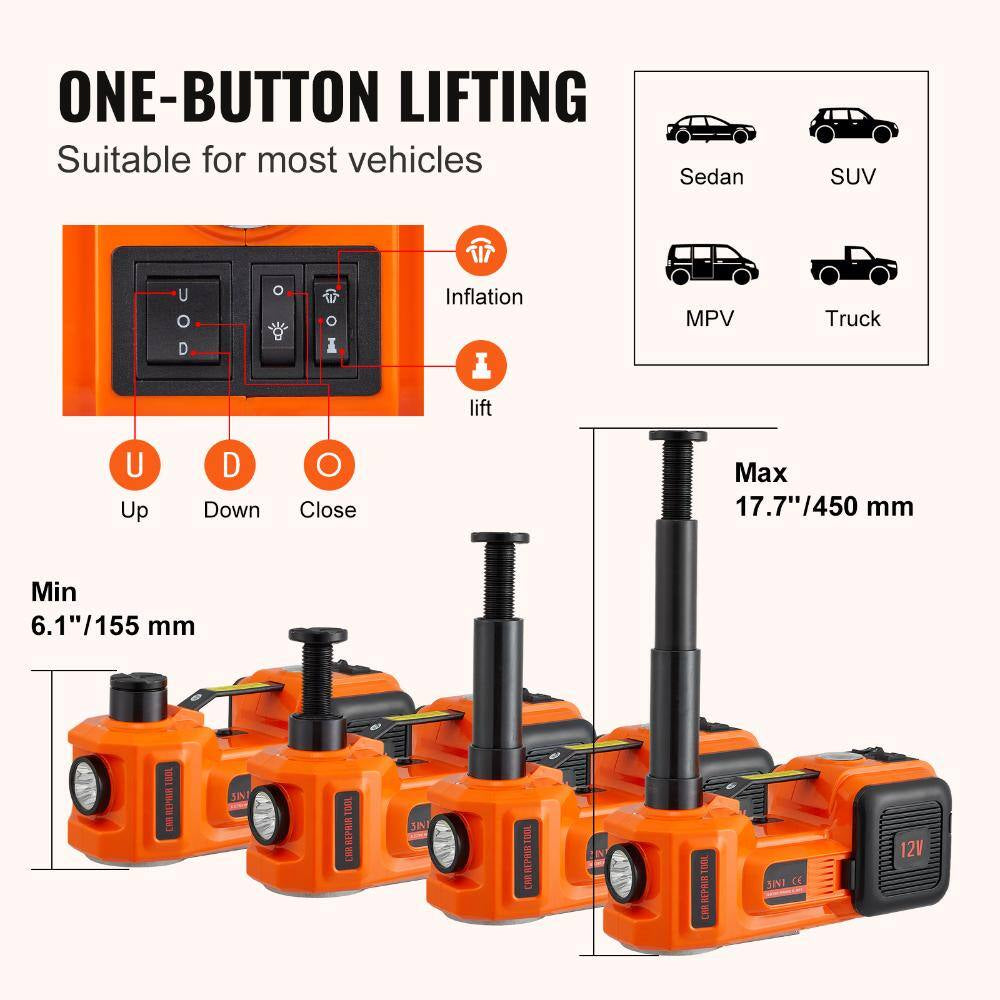 5 Ton Electric Car Jack, 11023Lb Hydraulic Jack with Built-In Inflatable Pump & LED Light for SUV Sedan Truck