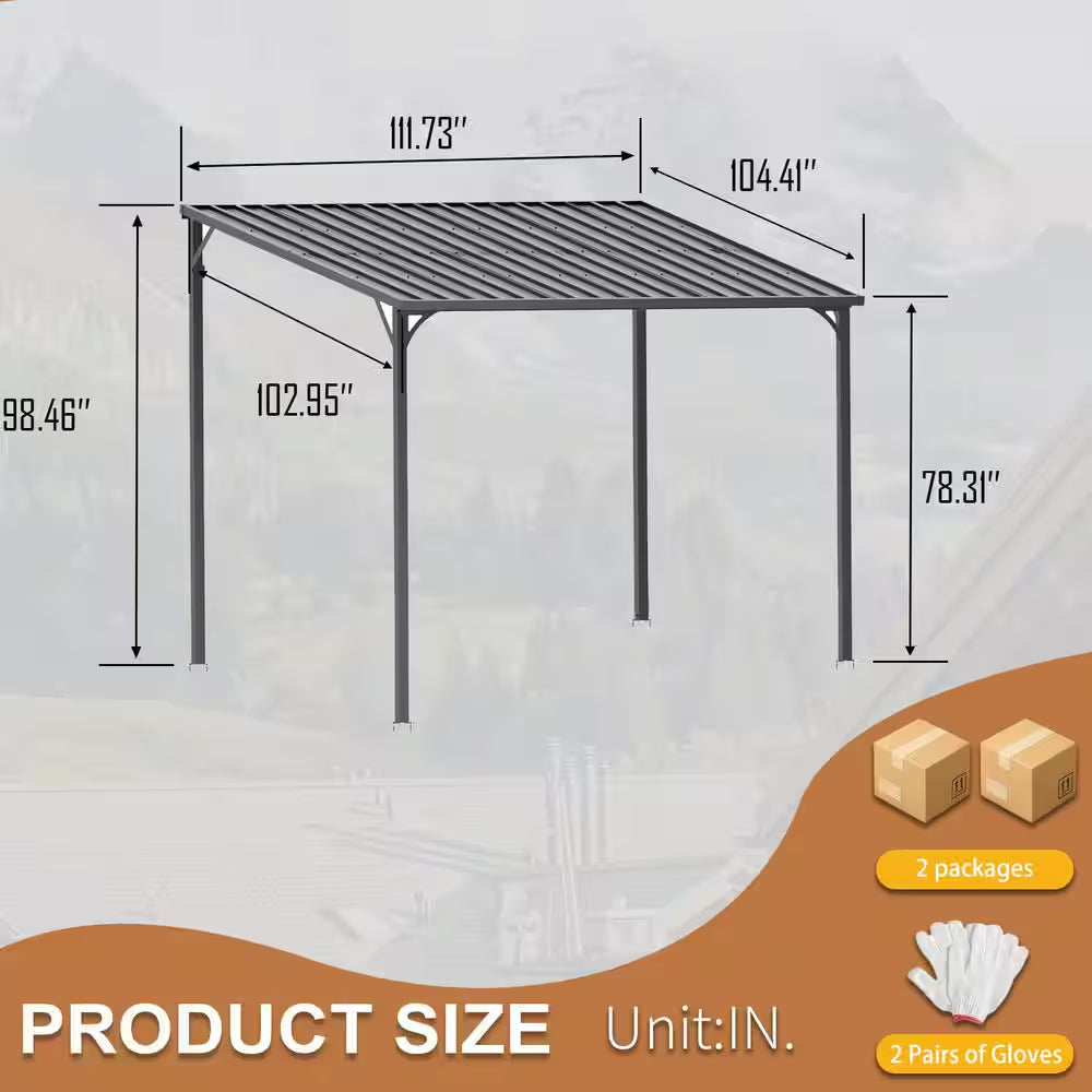 8 Ft. X 10 Ft. Lean to Gazebo, Wall Mounted Gazebos Pergola, Galvanized Steel Roof for Deck, Porch, Backy