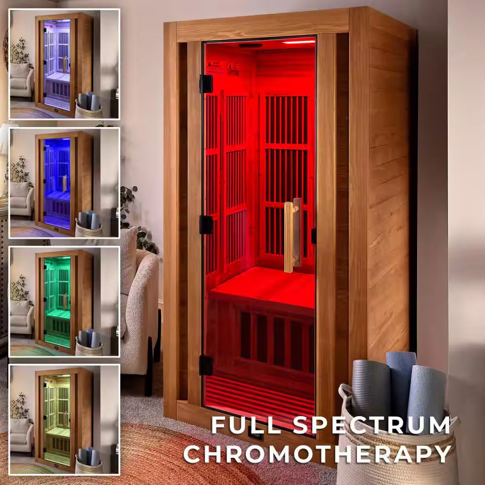 Rylan 1-Person Indoor Cedar Infrared Sauna with 8 Carbon Far-Infrared Heaters, Red Light Therapy and Chromotherapy