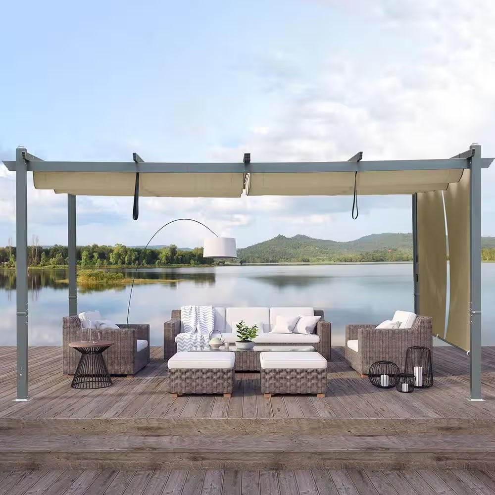 14 Ft. X 12 Ft. Gray Aluminum Frame Patio Pergola with Khaki Retractable Shade Top Canopy and 2-Pieces Roller Shade