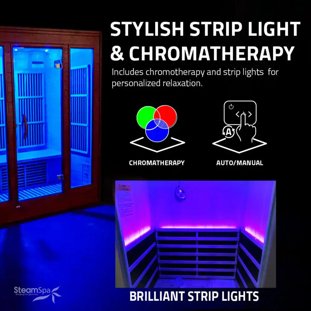 2-Person Indoor Hemlock Wood Carbon FAR Infrared Sauna with Redlight Heating Tube, Touch Control Panel and Bluetooth