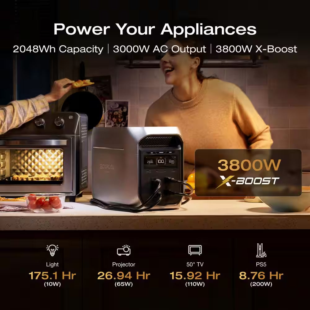 3000-Watt Delta 3 Max Plus, 2048Wh Capacity, Push-Button Start Battery Generator LFP Power Station, Home Backup, Camping