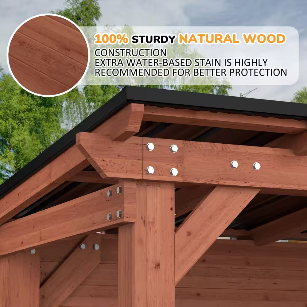 8.5 Ft. X 6 Ft. Cedar Wood Outdoor Bar Gazebo Pergola with Metal Sloped Roof, Storage Cabinet and TV Mount