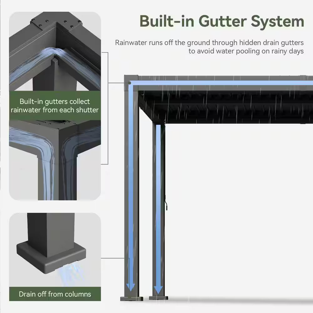 10 Ft. X 10 Ft. Louvered Aluminum Pergola with Curtains and Netting in Metallic Gray