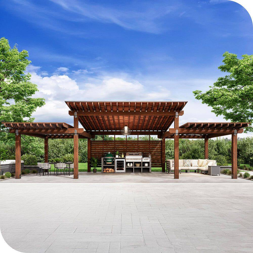 Pro Installed Meridian 32 Ft. X 16 Ft. Natural Heavy Timber 3-Tier Outdoor Patio Shade Pergola-Solid Roof Construction