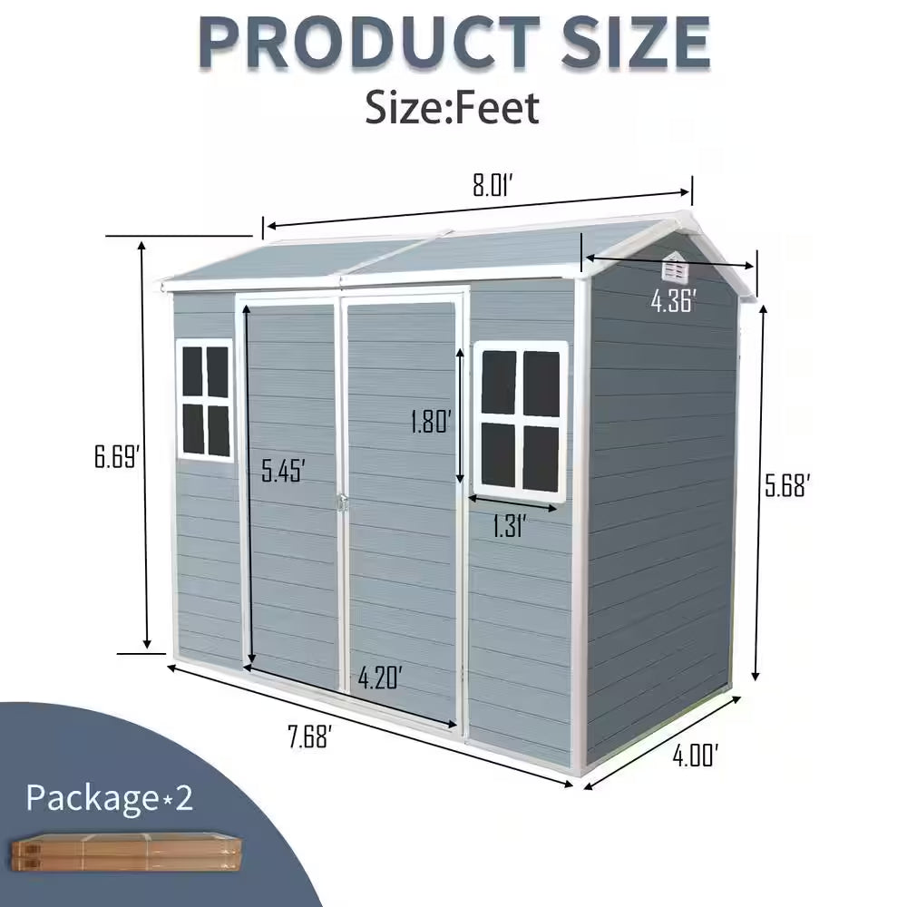 8 Ft. W X 4 Ft. D Gray Resin Outdoor Storage Shed with 2-Windows and Door, Plastic Shed with Floor (32 Sq. Ft.)