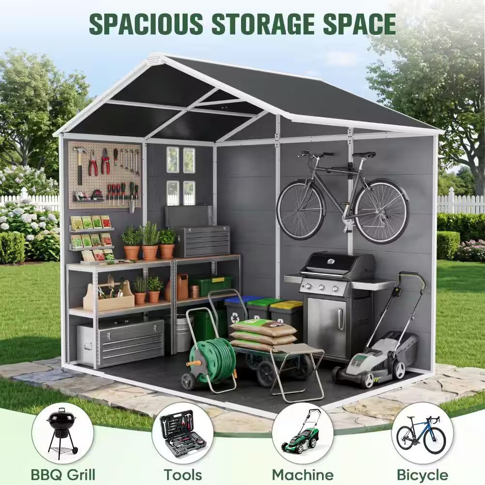 8X6 FT Resin Storage Shed, Outdoor Waterproof Tool Shed with Reinforced Floor, Lockable Door, Window & Vent for Backyard