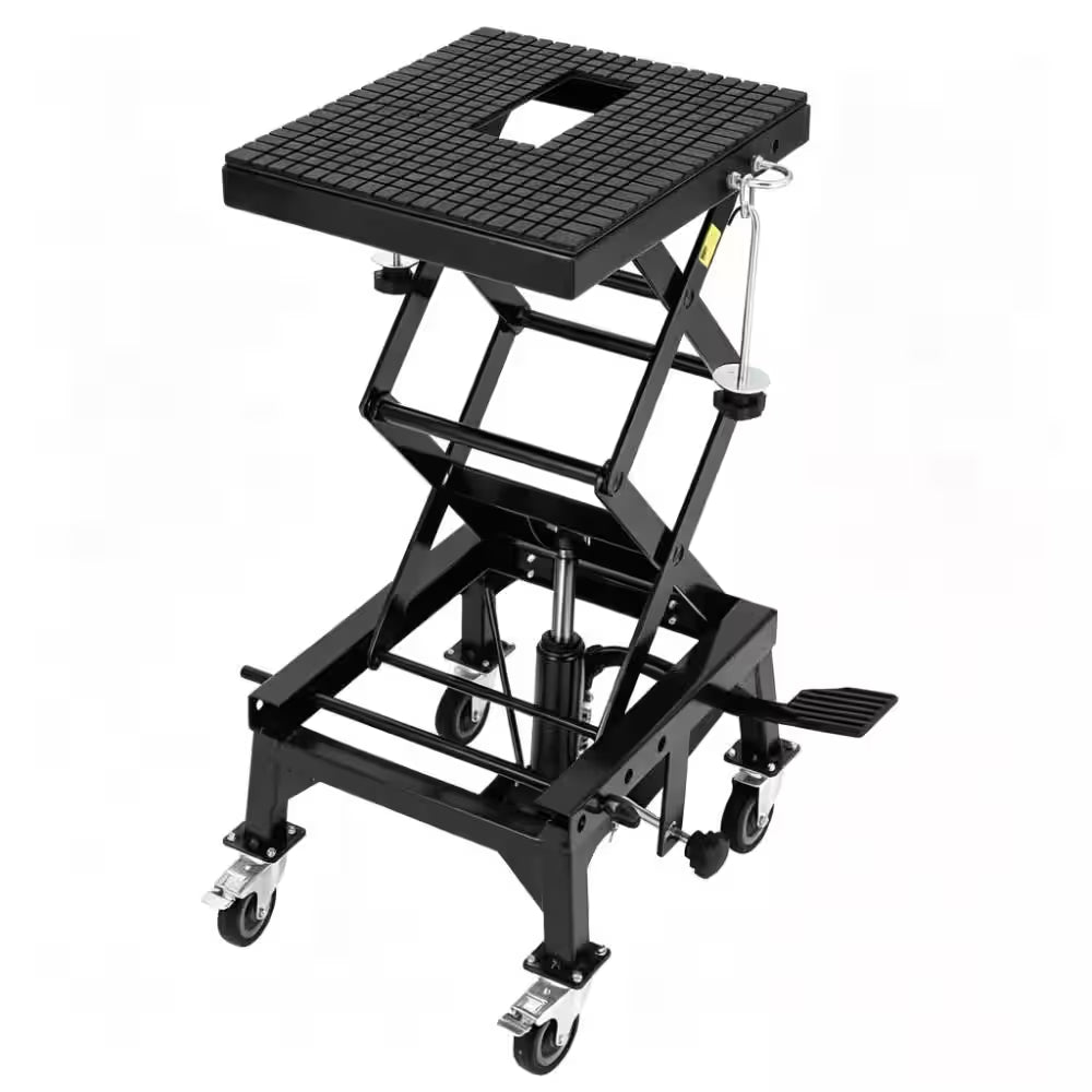 350 Lbs Hydraulic Motorcycle Lift Jack, Black Foot-Operated Scissor Lift with Wide Deck & Safety Lock for ATV Dirt Bike