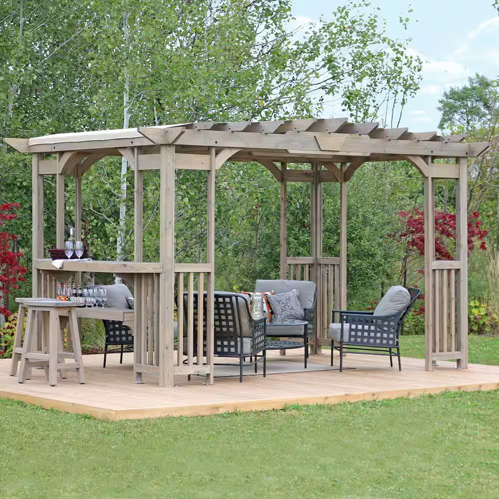 Madison 10 Ft. X 14 Ft. Timber Gray Cedar Wood Backyard Patio Pergola Including UV Sun Shade, Counter and Serving Bar