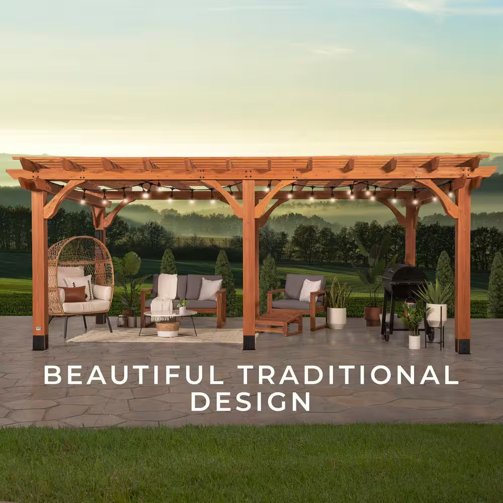 Beaumont 20 Ft. X 12 Ft. Light Brown Traditional Outdoor All Cedar Wood Patio Pergola Shade Structure with Electric