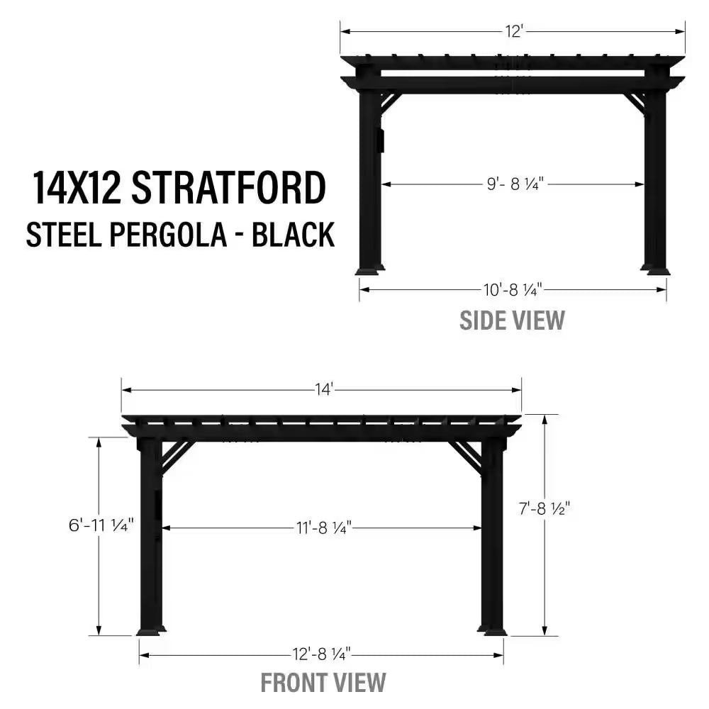 Stratford 14 Ft. X 12 Ft. Black Galvanized Steel Traditional Outdoor Patio Pergola with Trellis Roof