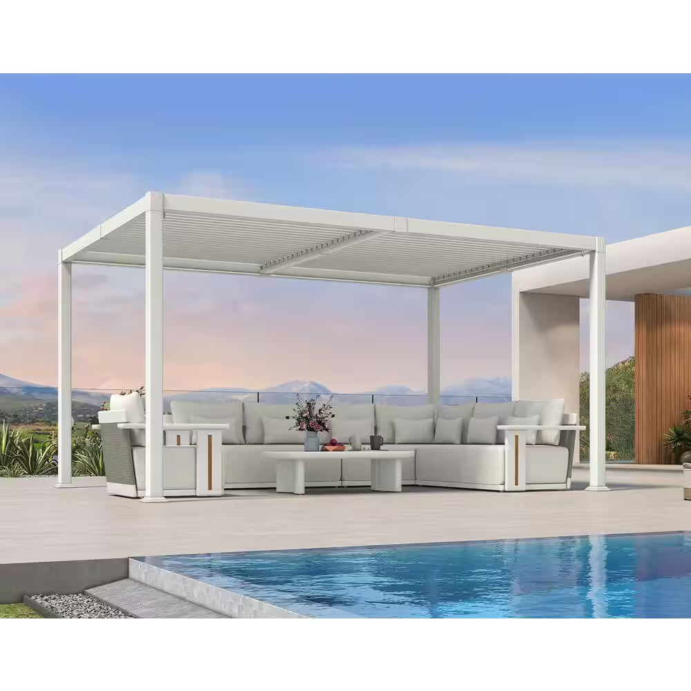 10 Ft. X 14 Ft. White Aluminum Outdoor Louvered Pergola with Individual Adjustable Sunshade Roofs and LED Lights
