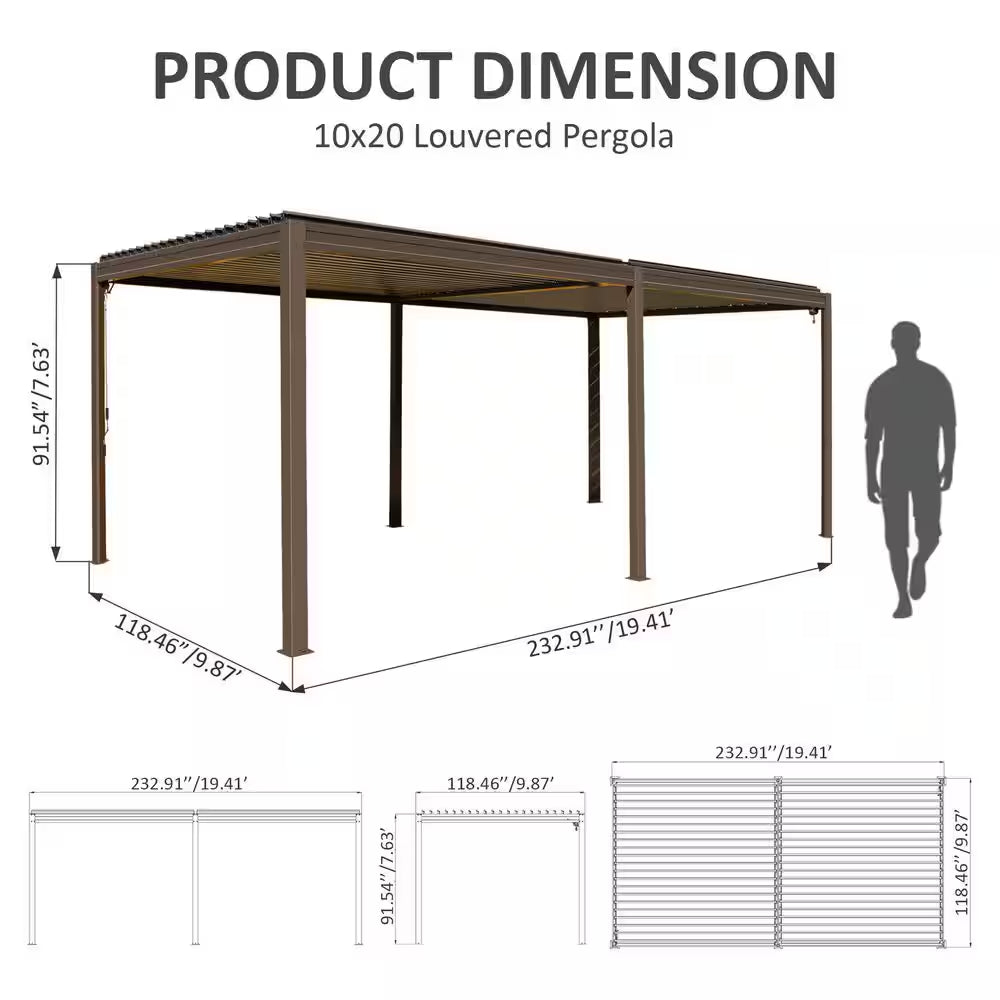 10 Ft. X 20 Ft. Brown Aluminum Metal Louvered Pergola