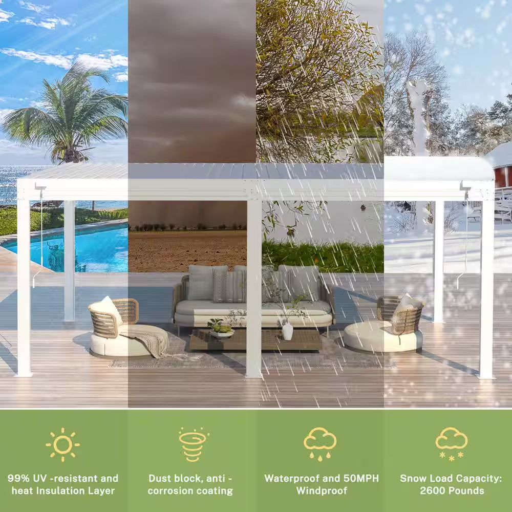 12 Ft. X 20 Ft. Louvered Pergola with Adjustable Rainproof Roof, Wood Grain Outdoor Aluminum Pergola for Patio, White