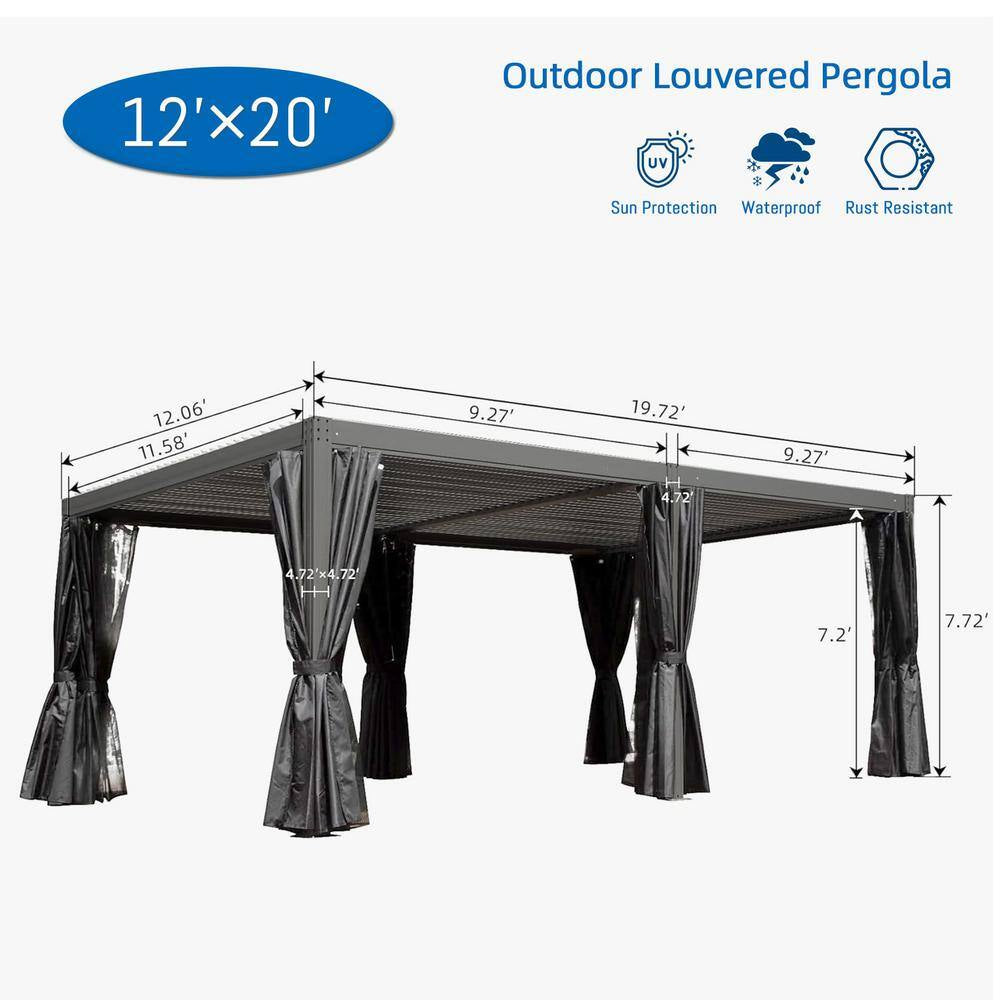 20 Ft. W X 12 Ft. D Aluminum Pergola with Two Adjustable Roof, Curtains, and Netting