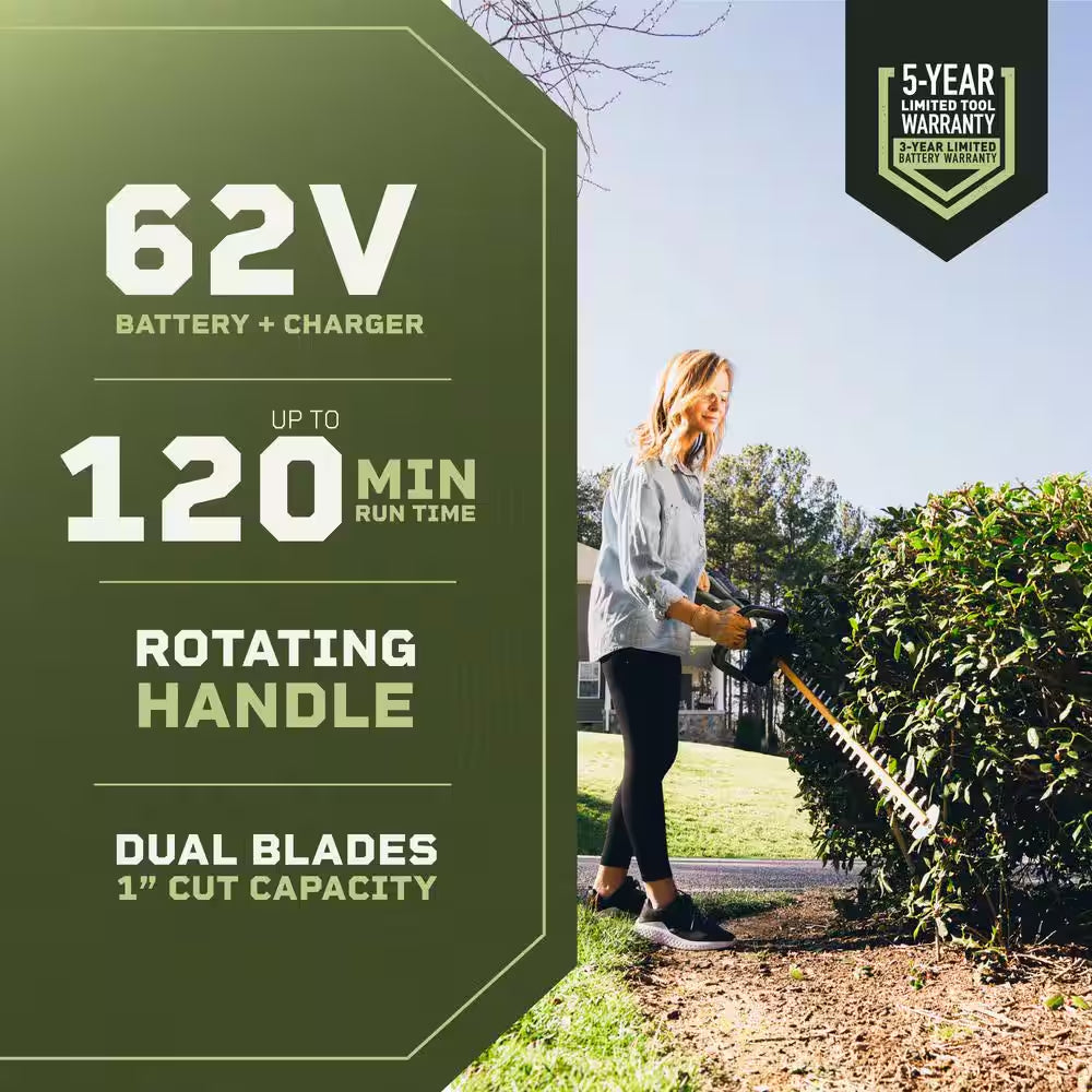 62V Brushless 25In. Cordless Battery Push Start Hedge Trimmer with Rotating Handle and 2.5 Ah Batter and Rapid Charger