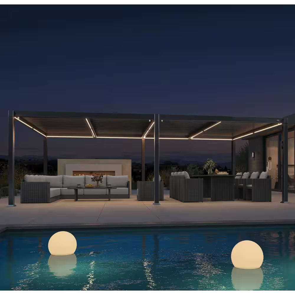 11.7 Ft. X 24.1 Ft. Gray Aluminum Outdoor Louvered Pergola with 4-Individual Adjustable Sunshade Roofs and LED Lights