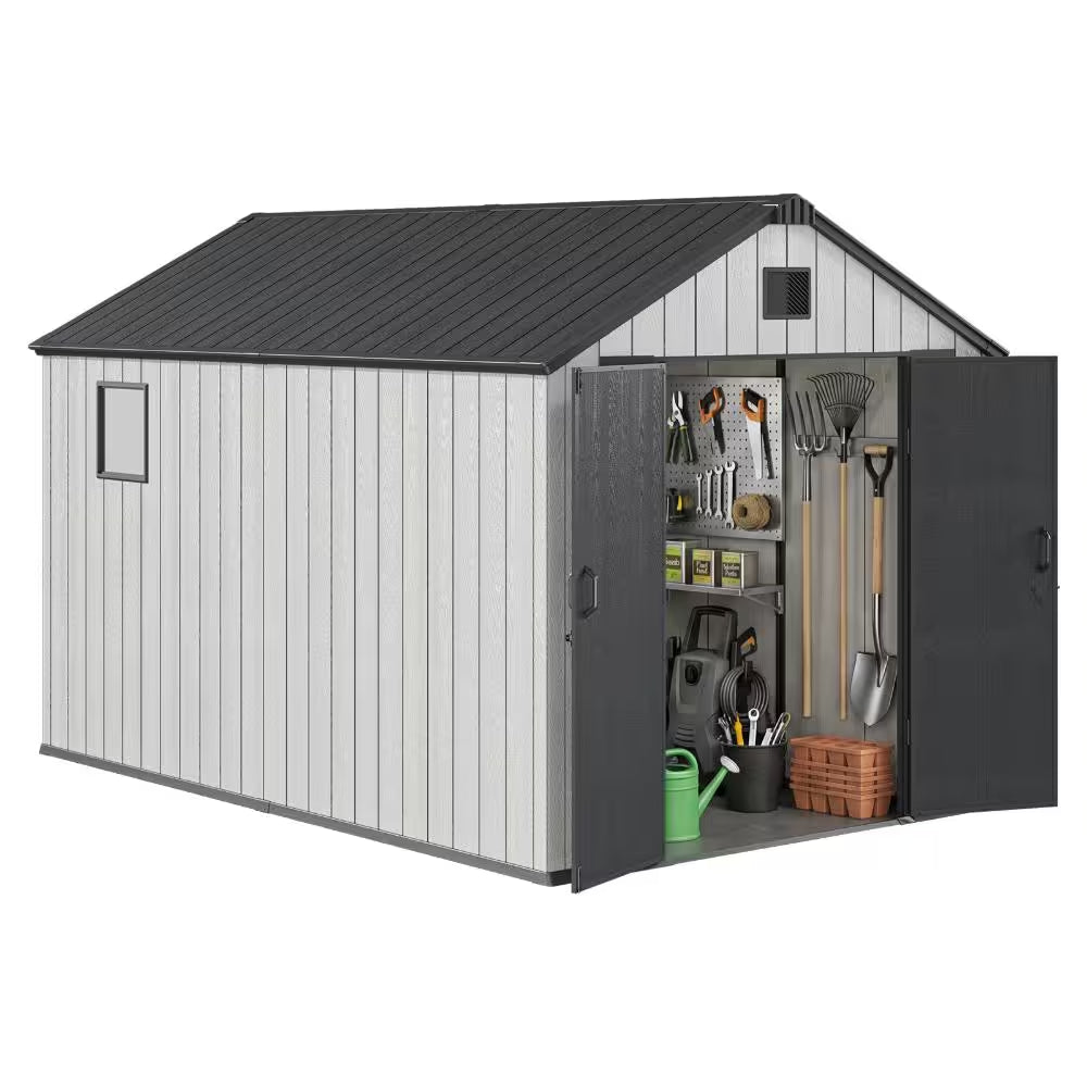 8 Ft. W X 12 Ft. D Resin Storage Shed with Double Doors, Window and Gable Vent 96 Sq. Ft.