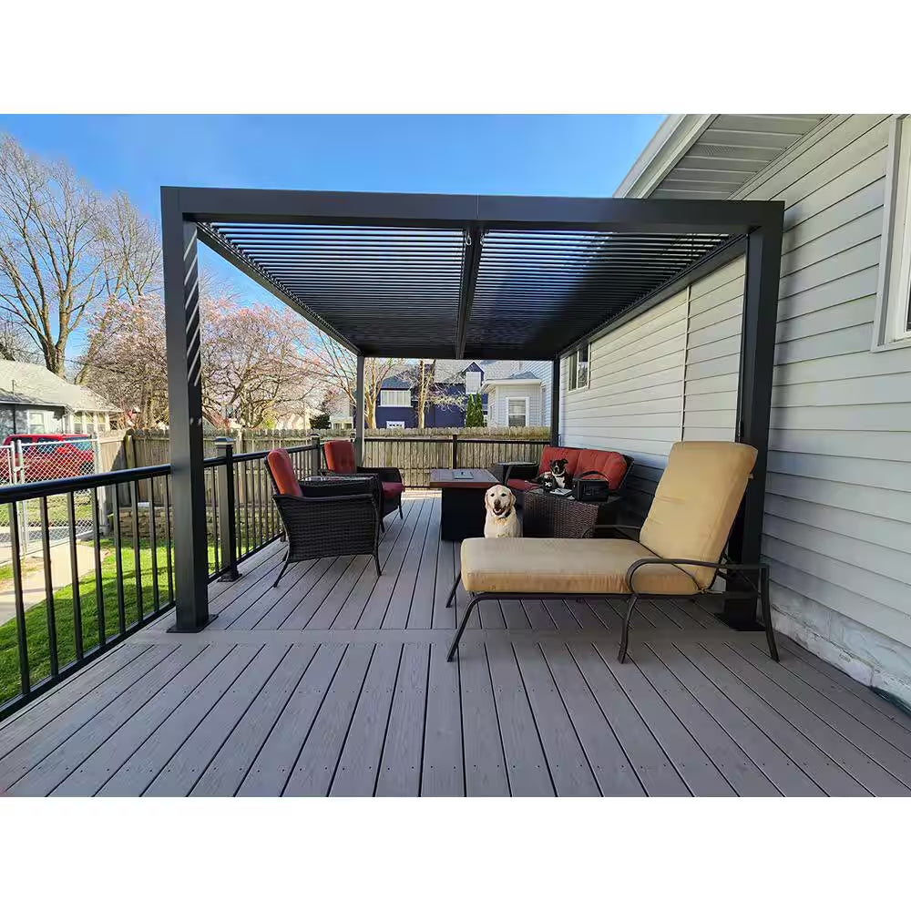 12 Ft. X 16 Ft. Gray Aluminum Frame Outdoor Hardtop Louvered Pergola with Adjustable Sunshade Roof and In-Built Gutter