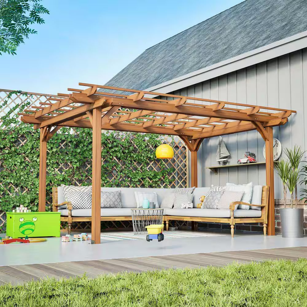 12 Ft. X 10 Ft. Brown Outdoor Wood Pergola, Wooden Patio Pergola Gazebo for Climbing Plant Support, Garden