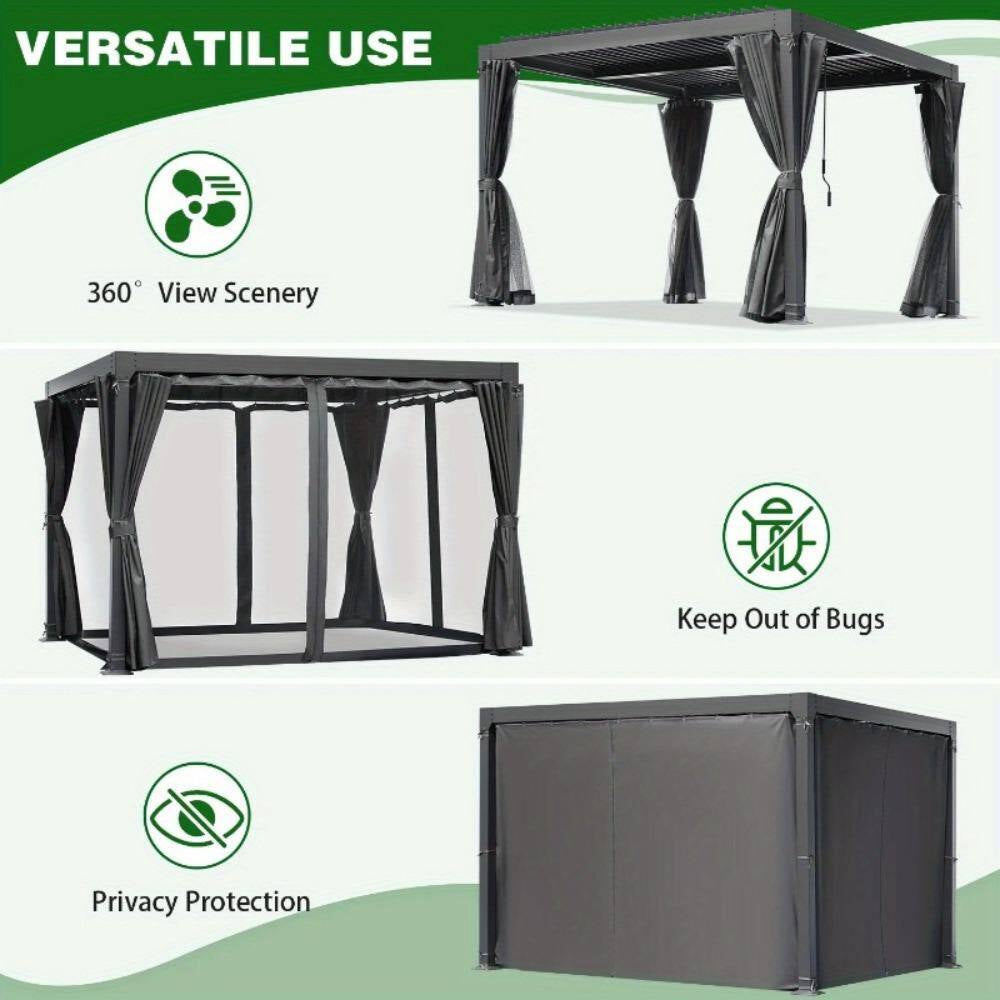 10 Ft. X 10 Ft. Outdoor Louvered Pergola with Curtains and Netting for Patio, Garden, Backyard, Dark Gray