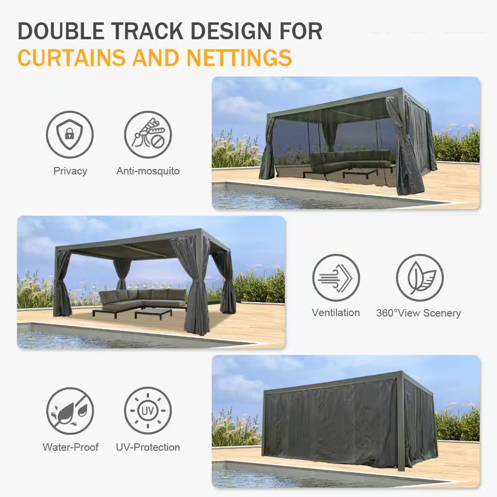 12 Ft. X 16 Ft. Dark Gray Outdoor Aluminum Rainproof Pergola with Curtains and Netting